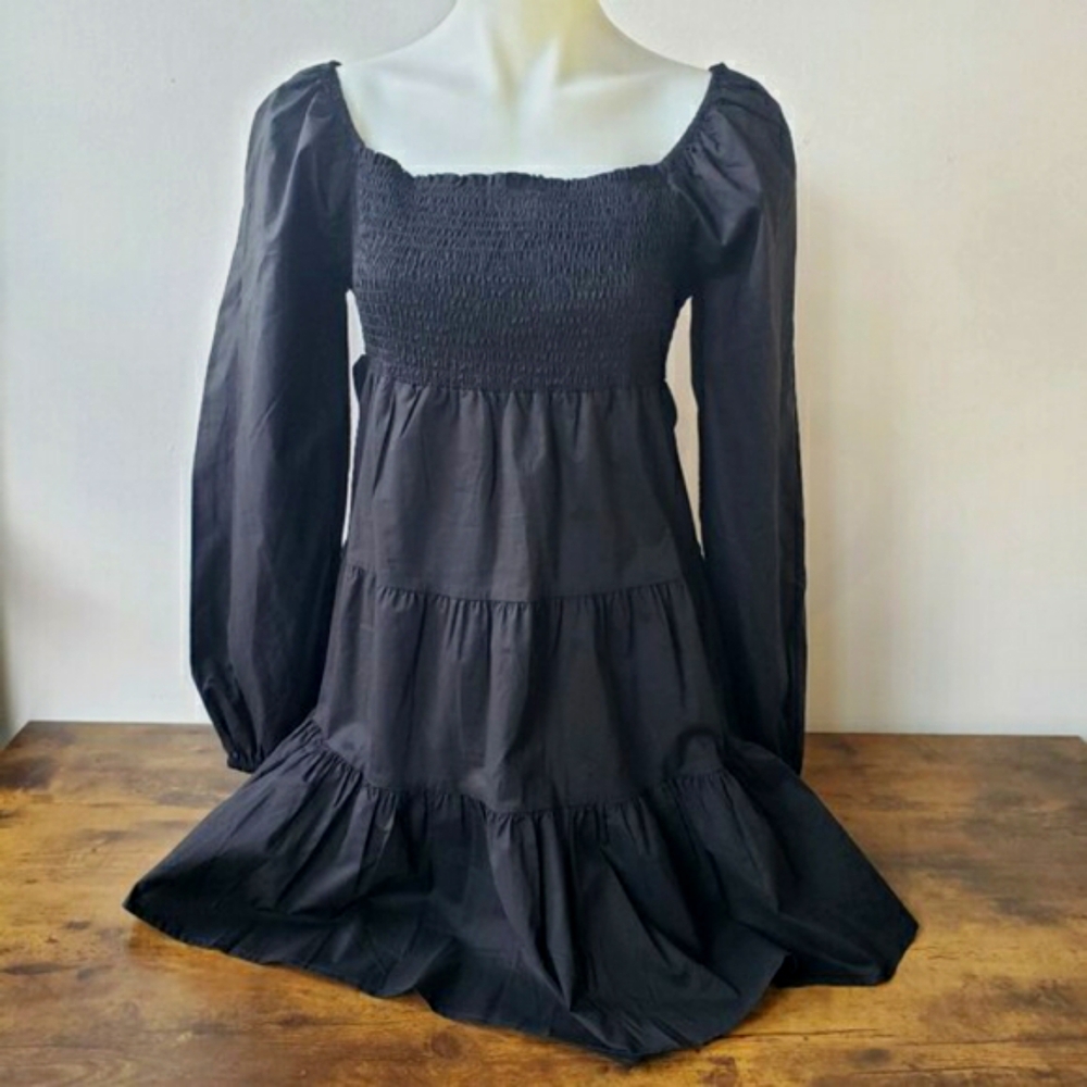 STEVE MADDEN Daniella Black Long Sleeve Tiered Peasant Off Shoulder Mini Dress